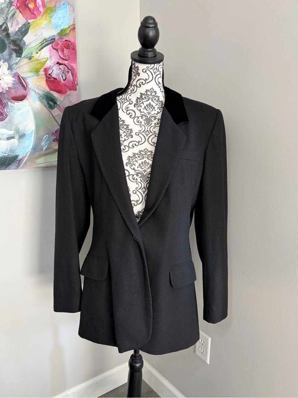 VTG Toffs Wool Blend Black Blazer Jacket With Velvet Collar Size 16